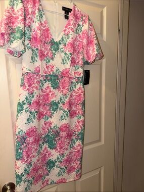 Stella & Dot Pink and Green Floral Midi Dress